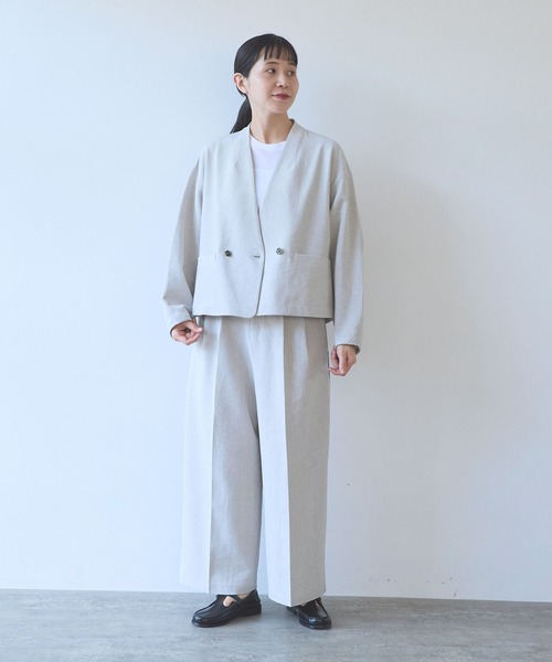 yuni(ユニ )の「Linen/Polyester double cocoon short ジャケット(ノーカラージャケット・レディース・ブラウン・FREE)」の18枚目の写真