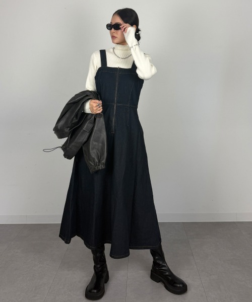mellomela.(メロメラ)の「フロントZIPジャンパースカート(ワンピース・レディース・グレー系その他6/ダークネイビー・M-L)」の2枚目の写真