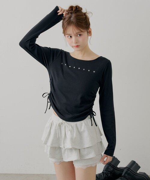 Chico(チコ)の「ラインストーンロゴロンT(Tシャツ/カットソー・レディース・グレー/ブラック/アイボリー/ピンク・FREE)」の1枚目の写真