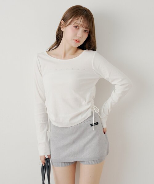 Chico(チコ)の「ラインストーンロゴロンT(Tシャツ/カットソー・レディース・グレー/ブラック/アイボリー/ピンク・FREE)」の5枚目の写真