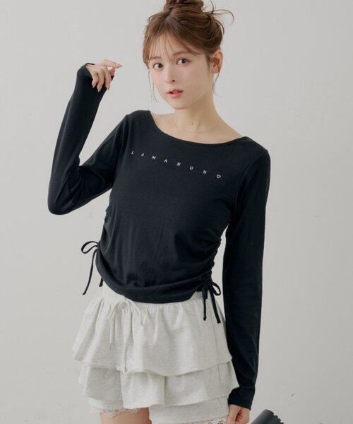 Chico(チコ)の「ラインストーンロゴロンT(Tシャツ/カットソー・レディース・グレー/ブラック/アイボリー/ピンク・FREE)」の12枚目の写真