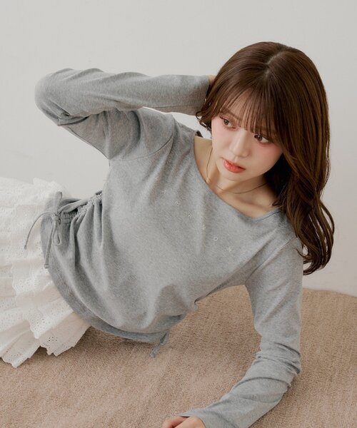 Chico(チコ)の「ラインストーンロゴロンT(Tシャツ/カットソー・レディース・グレー/ブラック/アイボリー/ピンク・FREE)」の16枚目の写真