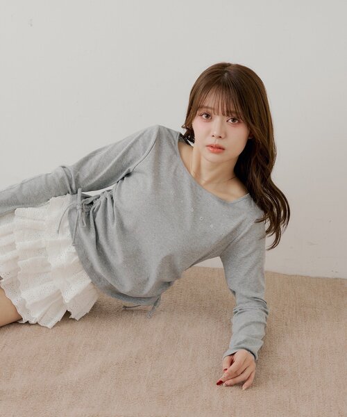 Chico(チコ)の「ラインストーンロゴロンT(Tシャツ/カットソー・レディース・グレー/ブラック/アイボリー/ピンク・FREE)」の17枚目の写真