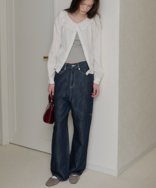 GIUNON（ジウノン）の「wide stitch adjustable denim / ワイドステッチアジャスタブルデニム（デニムパンツ・レディース・ブルー/ブラック・1/0）」の4枚目の写真