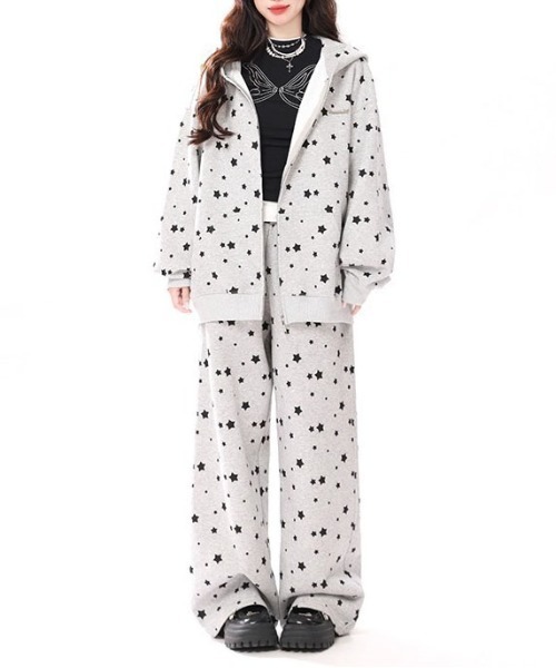WEGO（ウィゴー）の「WEGO/うさ耳星柄ジップパーカー＆パンツ上下セット（セットアップ・レディース・グレー/ホワイト・LARGE/MEDIUM）」の2枚目の写真