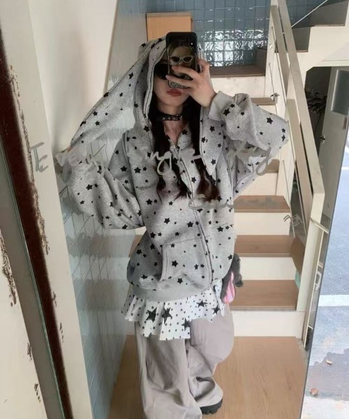 WEGO（ウィゴー）の「WEGO/うさ耳星柄ジップパーカー＆パンツ上下セット（セットアップ・レディース・グレー/ホワイト・LARGE/MEDIUM）」の8枚目の写真