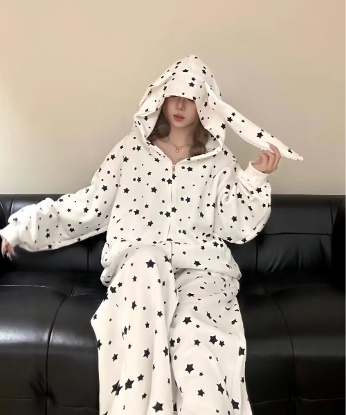 WEGO（ウィゴー）の「WEGO/うさ耳星柄ジップパーカー＆パンツ上下セット（セットアップ・レディース・グレー/ホワイト・LARGE/MEDIUM）」の10枚目の写真