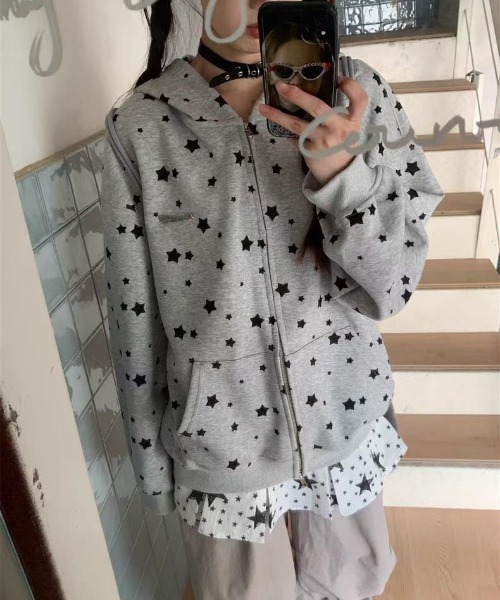 WEGO（ウィゴー）の「WEGO/うさ耳星柄ジップパーカー＆パンツ上下セット（セットアップ・レディース・グレー/ホワイト・LARGE/MEDIUM）」の6枚目の写真