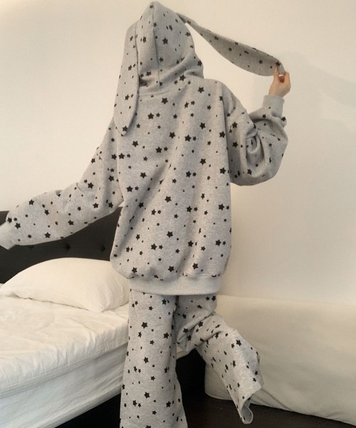 WEGO（ウィゴー）の「WEGO/うさ耳星柄ジップパーカー＆パンツ上下セット（セットアップ・レディース・グレー/ホワイト・LARGE/MEDIUM）」の4枚目の写真