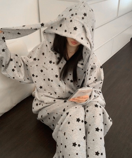 WEGO（ウィゴー）の「WEGO/うさ耳星柄ジップパーカー＆パンツ上下セット（セットアップ・レディース・グレー/ホワイト・LARGE/MEDIUM）」の18枚目の写真