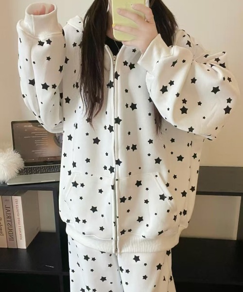 WEGO（ウィゴー）の「WEGO/うさ耳星柄ジップパーカー＆パンツ上下セット（セットアップ・レディース・グレー/ホワイト・LARGE/MEDIUM）」の16枚目の写真