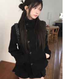 semplice | スタンドカラーのシングルバックルの黒いウールのコート(その他アウター)