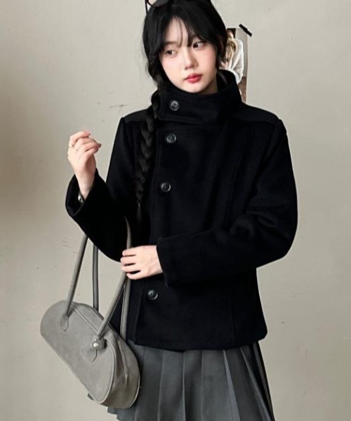 semplice（センプリチェ）の「スタンドカラーのシングルバックルの黒いウールのコート（その他アウター・レディース・ブラック/ライトグレー・F）」の22枚目の写真