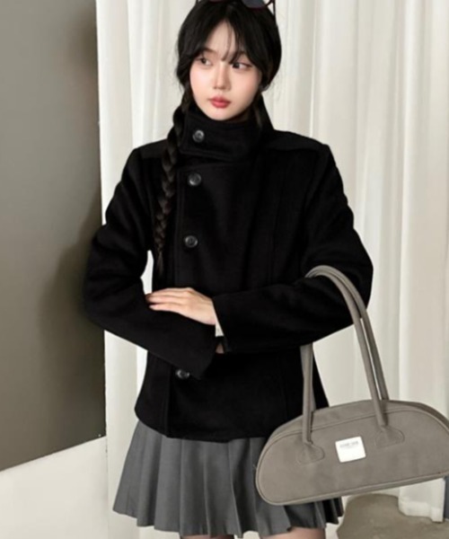 semplice（センプリチェ）の「スタンドカラーのシングルバックルの黒いウールのコート（その他アウター・レディース・ブラック/ライトグレー・F）」の19枚目の写真