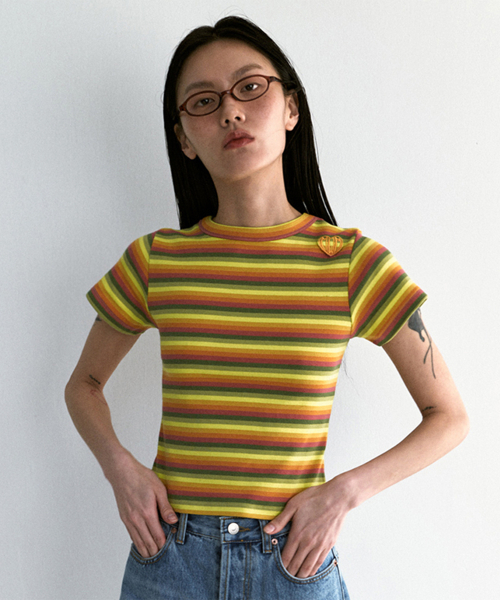  ストライプ クロップドTシャツ ストライプクロップTシャツ_グリーンイエロー（Tシャツ/カットソー