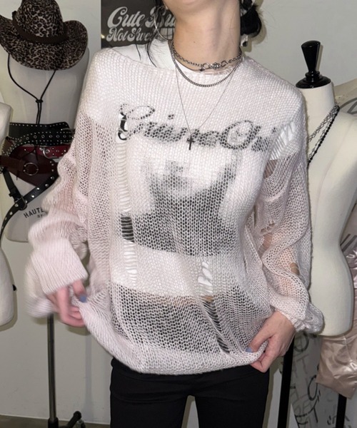 SHAGGIE（シャギー）の「袖バルーンダメージ入りシアーニット（ニット/セーター・レディース・ピンク/ベージュ/ブラック・FREE）」の3枚目の写真