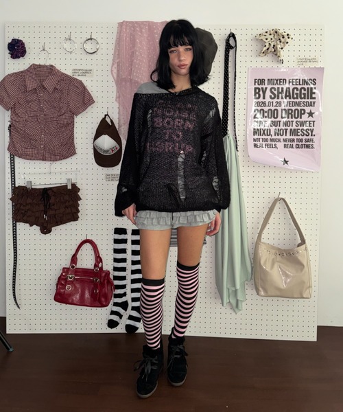 SHAGGIE（シャギー）の「袖バルーンダメージ入りシアーニット（ニット/セーター・レディース・ピンク/ベージュ/ブラック・FREE）」の9枚目の写真