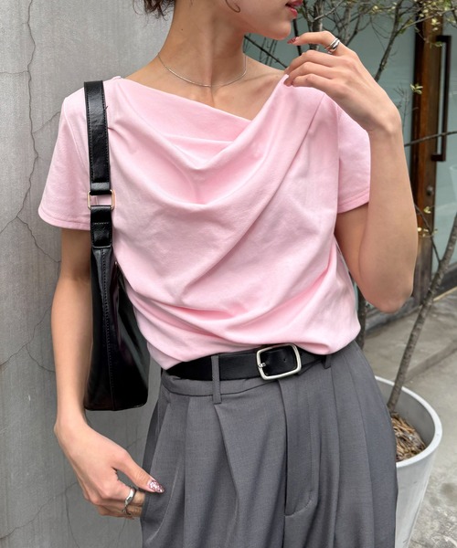 NOGLE(ノグル)の「【NOGLE/ノグル】ドレープ半袖Tシャツ(Tシャツ/カットソー・レディース・チャコールグレー/ブラック/ピンク/ホワイト・FREE)」の4枚目の写真