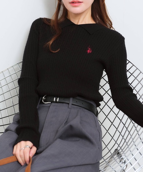 U.S. POLO ASSN.(ユーエスポロアッスン)の「【U.S. POLO ASSN./ユーエスポロアッスン】ワンポイントロゴ刺繍 ステンカラー ケーブルニット(ニット/セーター・レディース・イエロー/アイボリー/ブラック/サックスブルー・L/M/LL)」の16枚目の写真