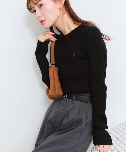 U.S. POLO ASSN.(ユーエスポロアッスン)の「【U.S. POLO ASSN./ユーエスポロアッスン】ワンポイントロゴ刺繍 ステンカラー ケーブルニット(ニット/セーター・レディース・イエロー/アイボリー/ブラック/サックスブルー・L/M/LL)」の15枚目の写真