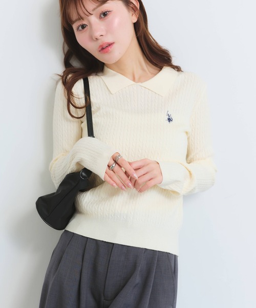 U.S. POLO ASSN.(ユーエスポロアッスン)の「【U.S. POLO ASSN./ユーエスポロアッスン】ワンポイントロゴ刺繍 ステンカラー ケーブルニット(ニット/セーター・レディース・イエロー/アイボリー/ブラック/サックスブルー・L/M/LL)」の8枚目の写真