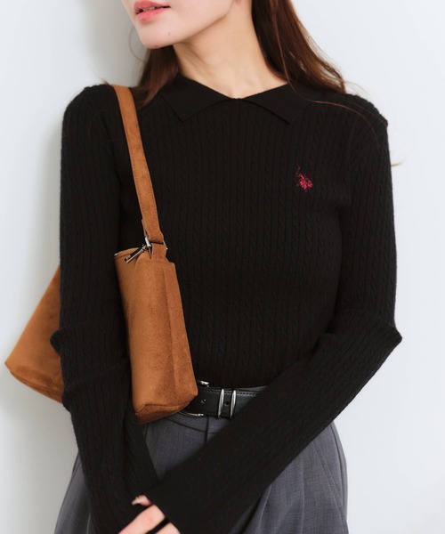 U.S. POLO ASSN.(ユーエスポロアッスン)の「【U.S. POLO ASSN./ユーエスポロアッスン】ワンポイントロゴ刺繍 ステンカラー ケーブルニット(ニット/セーター・レディース・イエロー/アイボリー/ブラック/サックスブルー・L/M/LL)」の12枚目の写真