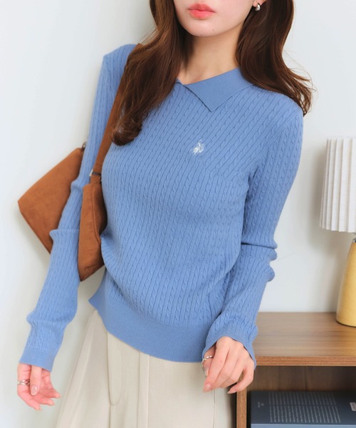 U.S. POLO ASSN.(ユーエスポロアッスン)の「【U.S. POLO ASSN./ユーエスポロアッスン】ワンポイントロゴ刺繍 ステンカラー ケーブルニット(ニット/セーター・レディース・イエロー/アイボリー/ブラック/サックスブルー・L/M/LL)」の21枚目の写真