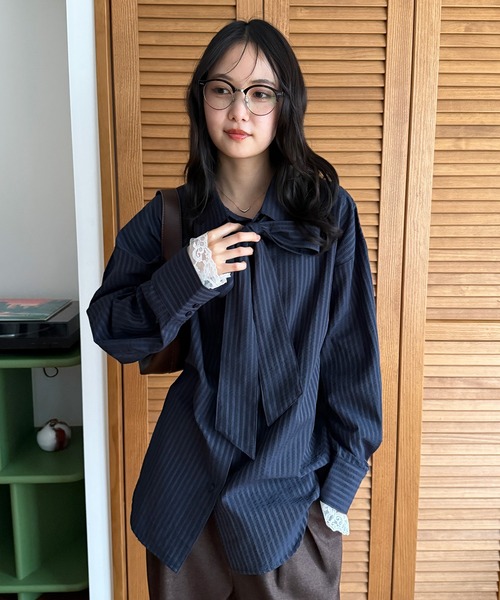 multiway ribbon tie lace shirt / マルチウェイレース付きリボン