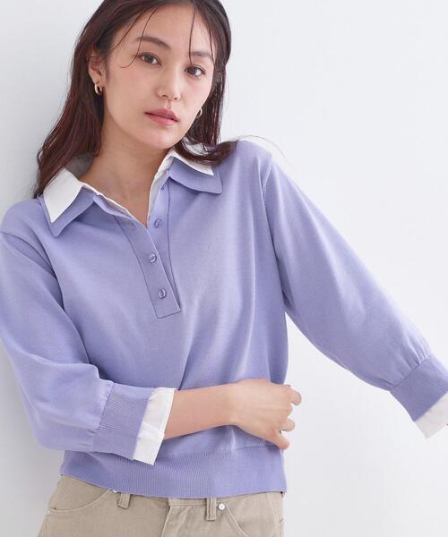 OPAQUE.CLIP(オペークドットクリップ)の「シャツレイヤード風ポロニット【洗濯機OK】(ニット/セーター・レディース・パープル/ネイビー/グレー/ブラック・40/38/42)」の4枚目の写真