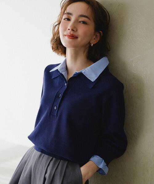 OPAQUE.CLIP(オペークドットクリップ)の「シャツレイヤード風ポロニット【洗濯機OK】(ニット/セーター・レディース・パープル/ネイビー/グレー/ブラック・40/38/42)」の3枚目の写真