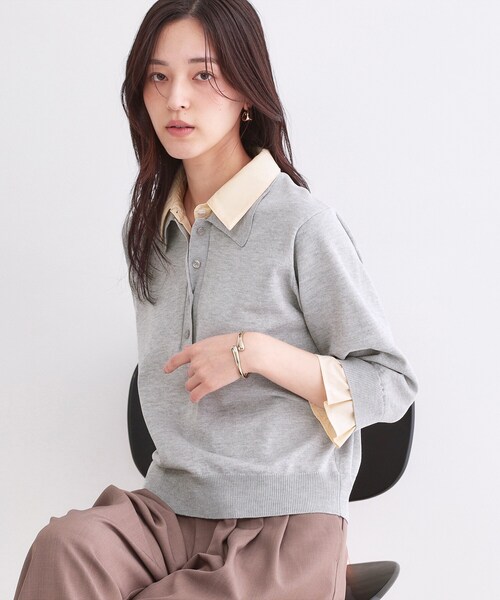 OPAQUE.CLIP(オペークドットクリップ)の「シャツレイヤード風ポロニット【洗濯機OK】(ニット/セーター・レディース・パープル/ネイビー/グレー/ブラック・40/38/42)」の1枚目の写真