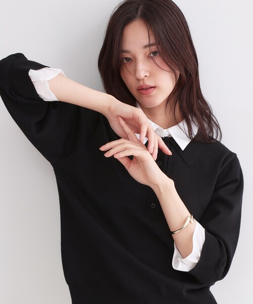 OPAQUE.CLIP(オペークドットクリップ)の「シャツレイヤード風ポロニット【洗濯機OK】(ニット/セーター・レディース・パープル/ネイビー/グレー/ブラック・40/38/42)」の2枚目の写真