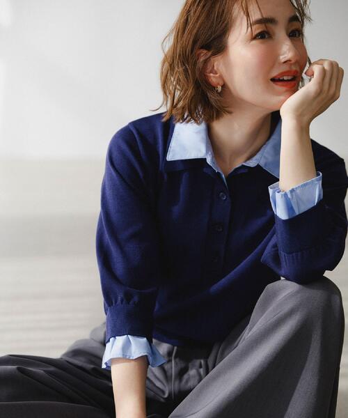 OPAQUE.CLIP(オペークドットクリップ)の「シャツレイヤード風ポロニット【洗濯機OK】(ニット/セーター・レディース・パープル/ネイビー/グレー/ブラック・40/38/42)」の6枚目の写真