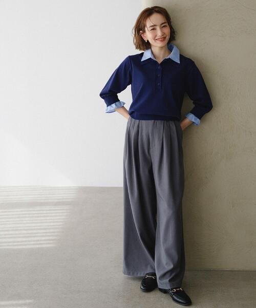 OPAQUE.CLIP(オペークドットクリップ)の「シャツレイヤード風ポロニット【洗濯機OK】(ニット/セーター・レディース・パープル/ネイビー/グレー/ブラック・40/38/42)」の7枚目の写真