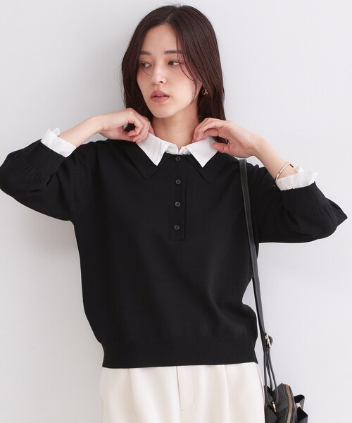 OPAQUE.CLIP(オペークドットクリップ)の「シャツレイヤード風ポロニット【洗濯機OK】(ニット/セーター・レディース・パープル/ネイビー/グレー/ブラック・40/38/42)」の12枚目の写真