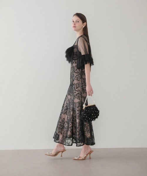Leja(レジャ)の「【LEJA】チュールフリルスリーブスパンコールフラワーマーメイドワンピースオケージョンドレス(ドレス・レディース・ブラック/グレー・SMALL/MEDIUM)」の7枚目の写真