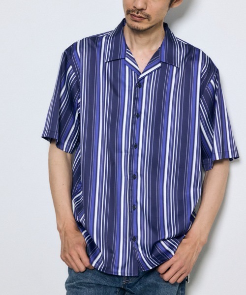AZUL by moussy(アズールバイマウジー)の「マルチストライプ半袖シャツ(シャツ/ブラウス・メンズ・ホワイト系その他/ブルー系その他/ブラック系その他・MEDIUM/LARGE)」の3枚目の写真