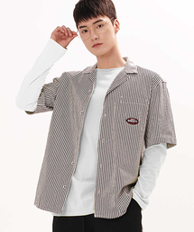 BEMIGHTY（ビーマイティー）の「ストライプオープンカラー半袖シャツブラック（シャツ/ブラウス）」