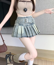 デニム ストレッチ プリーツ スカート