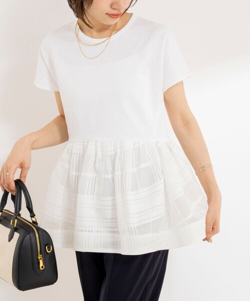 NOLLEY’S(ノーリーズ)の「ウォッシャブル布帛切り替えプルオーバー(Tシャツ/カットソー・レディース・オフホワイト/インディゴブルー/ブラック・FREE)」の1枚目の写真