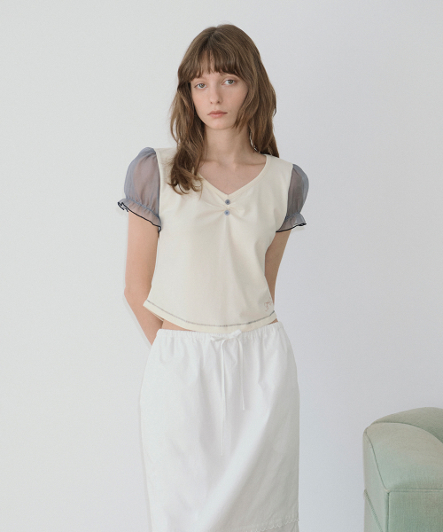 セール】Ribbon Shirring Puff T-Shirt (Cream)（Tシャツ/カットソー