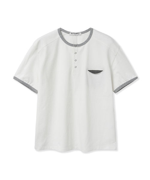 INTEMPOMOOD(インテンポムード)の「リングチェックポケットヘンリーネックTシャツ : 3カラー(Tシャツ/カットソー・メンズ・グレー/アイボリー/ブラック・MEDIUM/LARGE)」の1枚目の写真