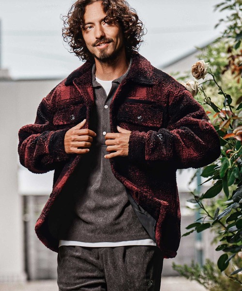 1minute 1second(ワンミニットワンセカンド)の「mj11690-faux leather trim check boa CPO jacket チェックボアジャケット(1M26A140)(その他アウター・メンズ・ホワイト×ブラック/グレー系その他/レッド系その他・S/M/L/XL)」の8枚目の写真