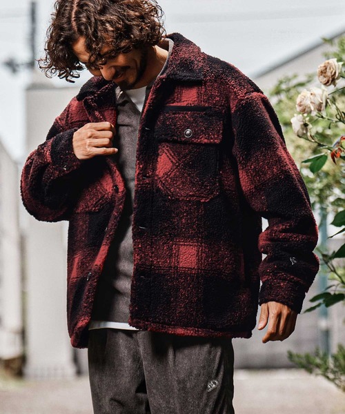 1minute 1second(ワンミニットワンセカンド)の「mj11690-faux leather trim check boa CPO jacket チェックボアジャケット(1M26A140)(その他アウター・メンズ・ホワイト×ブラック/グレー系その他/レッド系その他・S/M/L/XL)」の9枚目の写真