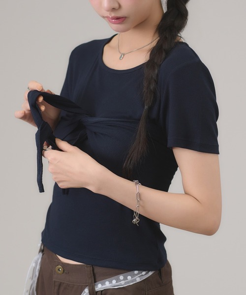 apres jour mignon(アプレジュールミニョン)の「スカーフ付きトップス(Tシャツ/カットソー・レディース・モカ/ネイビー/オフホワイト・LARGE/フリー)」の15枚目の写真