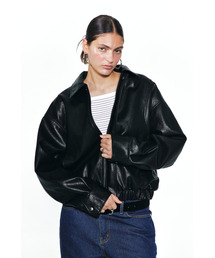 FAUX-LEATHER BOMBER BANDED JUMPER FOR MEN IN BLACK