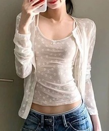 小花総柄レースアンサンブル クロップドキャミ+透けカーデ 2 点セット 清楚フェミニンレディーストップス