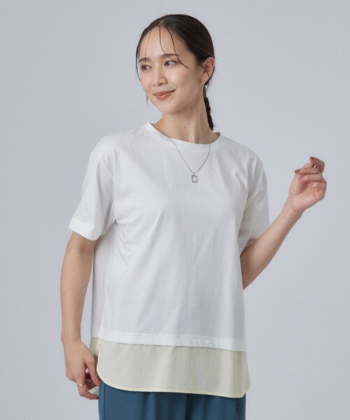 SHOO・LA・RUE（シューラルー）の「【体型カバー/S-LL/洗濯機可】インせず着られる 異素材ドッキングTシャツ（Tシャツ/カットソー・レディース・ホワイト/ブラック/ブルー・01/02/03/04）」の8枚目の写真