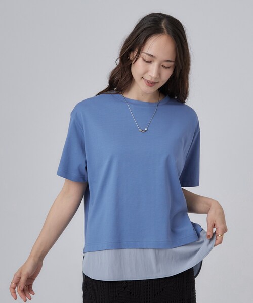 SHOO・LA・RUE（シューラルー）の「【体型カバー/S-LL/洗濯機可】インせず着られる 異素材ドッキングTシャツ（Tシャツ/カットソー・レディース・ホワイト/ブラック/ブルー・01/02/03/04）」の7枚目の写真