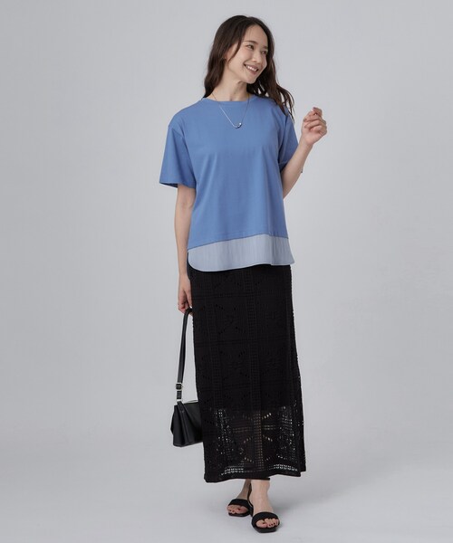 SHOO・LA・RUE（シューラルー）の「【体型カバー/S-LL/洗濯機可】インせず着られる 異素材ドッキングTシャツ（Tシャツ/カットソー・レディース・ホワイト/ブラック/ブルー・01/02/03/04）」の11枚目の写真
